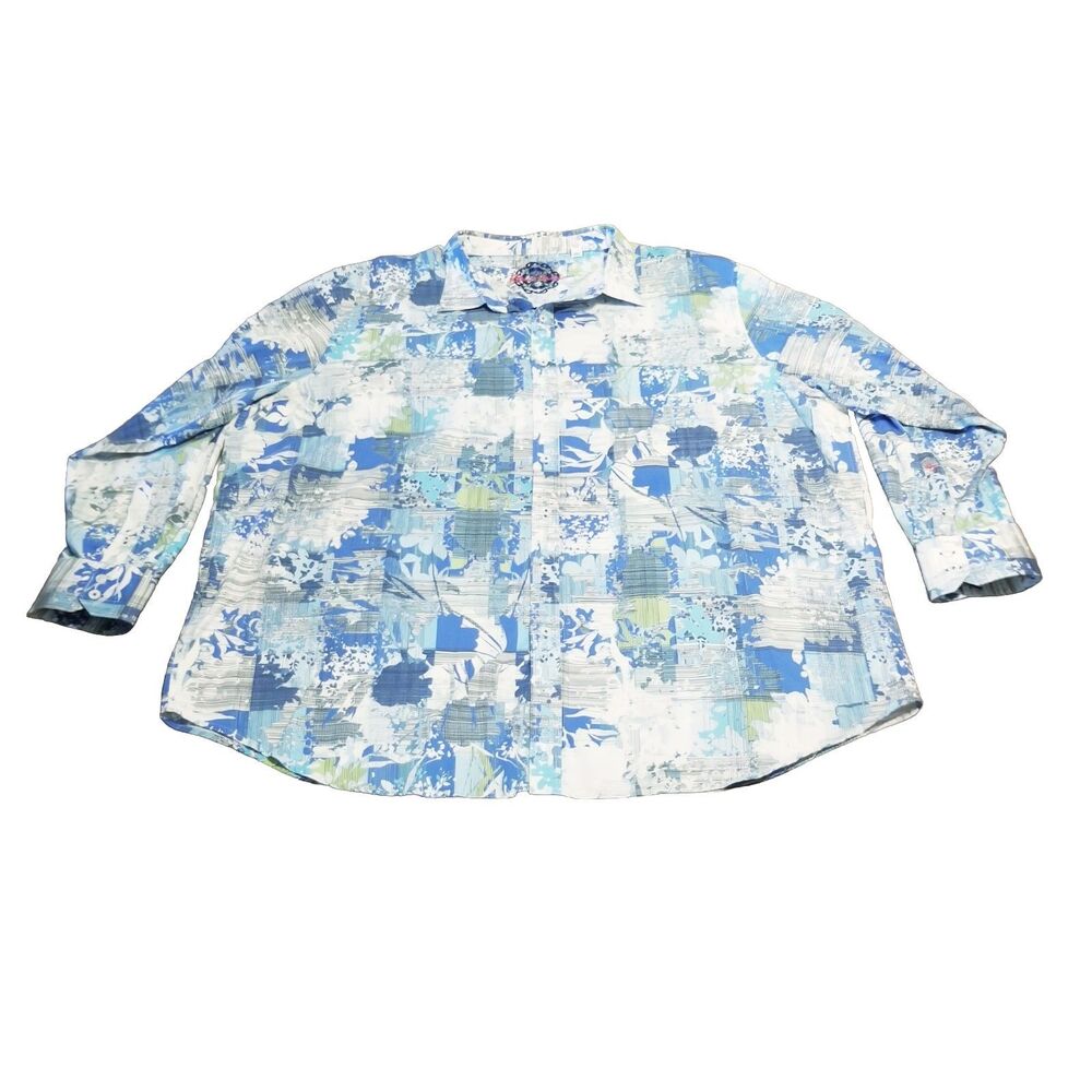 Robert Graham Shirt Men Size 3XL Blue White Green Floral Plaid Hawaiian Vacation - Picture 2 of 5